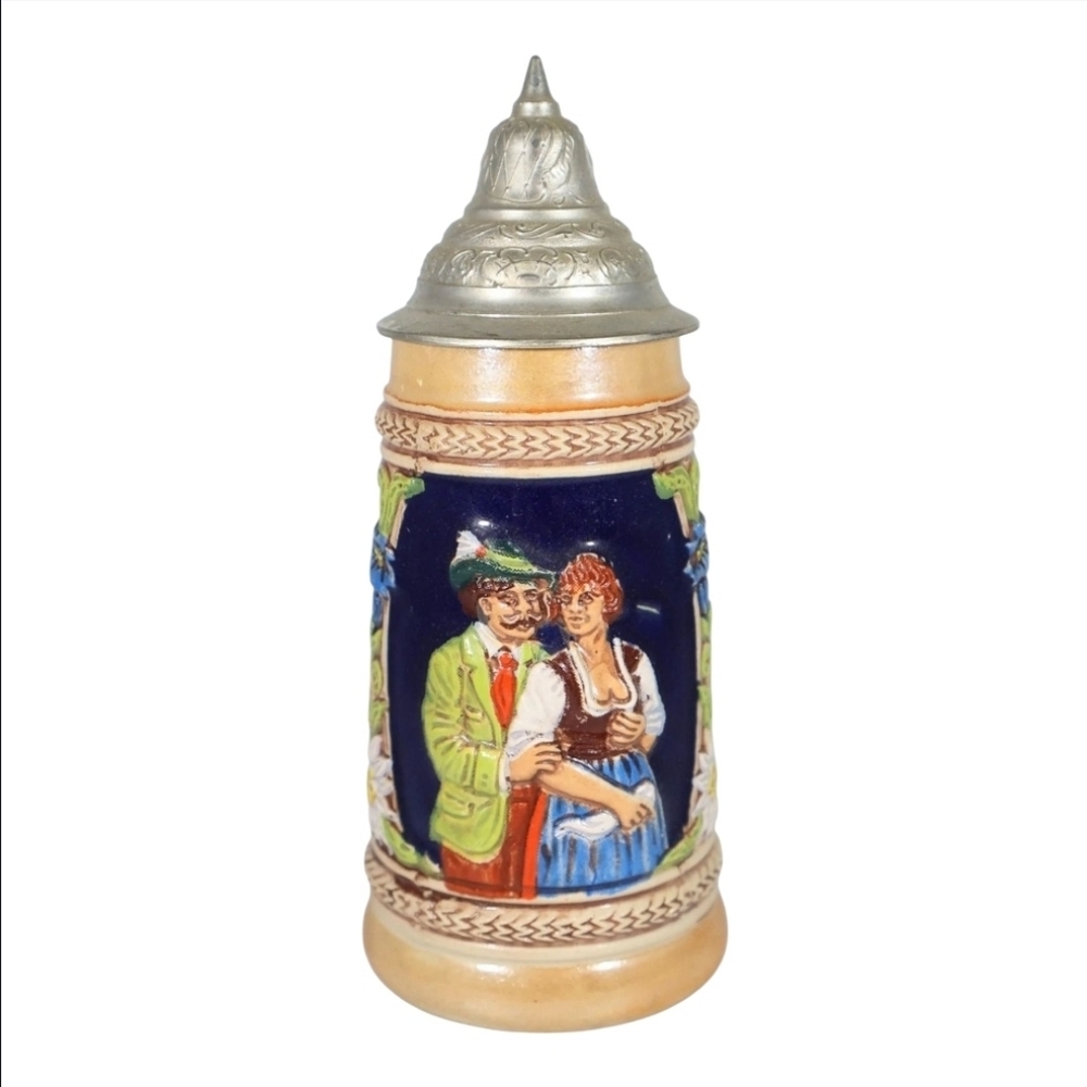 Vintage Gerz Ceramic Mini Stein with Pewter Lid German Stoneware Hand Painted
